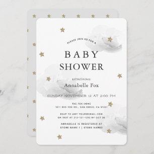 Gold Stars & Fluffy Grey Clouds Baby Shower Invitation