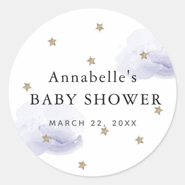 Gold Stars & Fluffy Lavender Clouds Baby Shower Classic Round Sticker (Front)