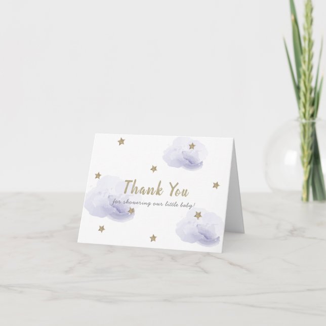 Gold Stars & Fluffy Lavender Clouds Baby Shower Thank You Card (Front)