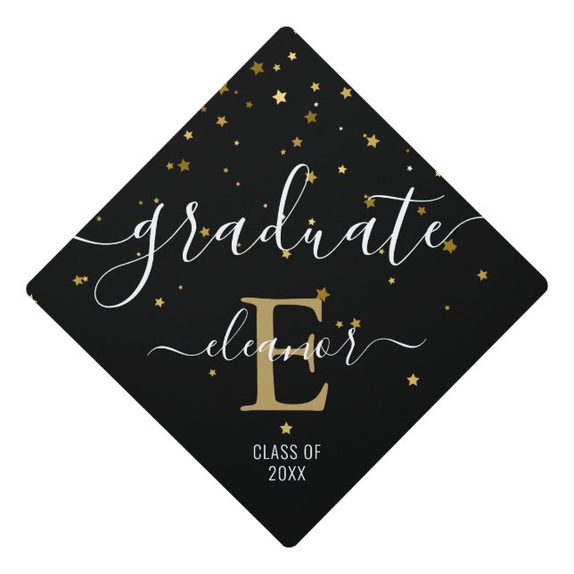 Gold Stars Glitter Elegant Monogam Name Graduation Cap Topper (Front)