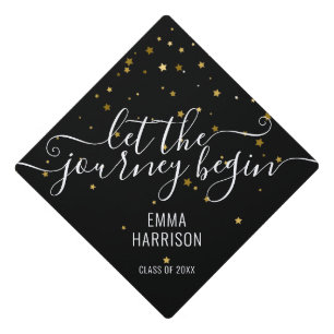 Gold Stars Glitter Let The Journey Begin Name Graduation Cap Topper