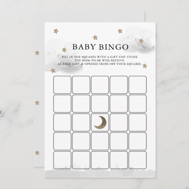 Gold Stars Grey Clouds Baby Shower Bingo Game Card (Front/Back)