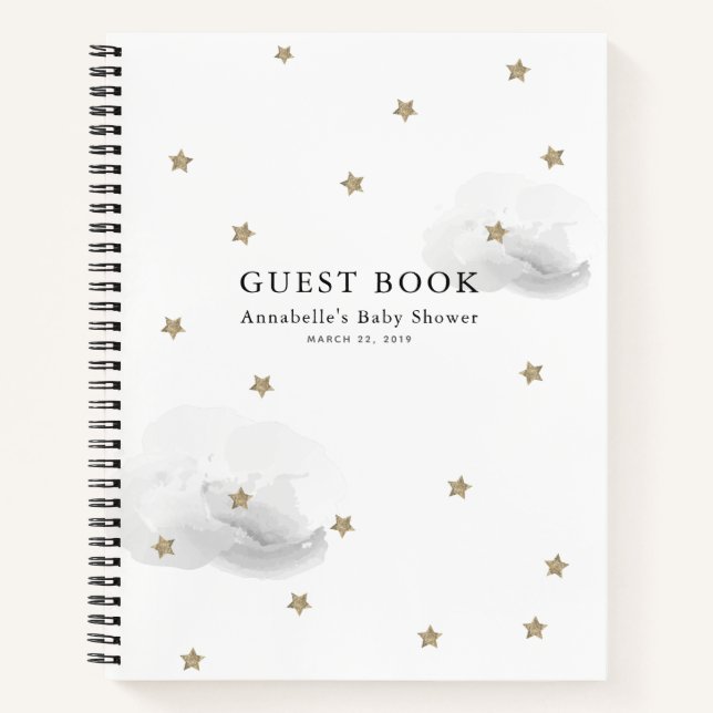 Gold Stars & Grey Clouds Baby Shower Guest Book (Front)