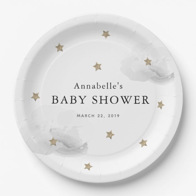 Gold Stars & Grey Clouds Baby Shower Paper Plate (Front)