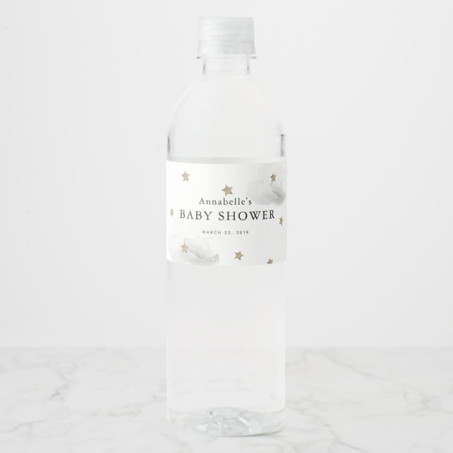 Gold Stars & Grey Clouds Baby Shower Water Bottle Label (Front)