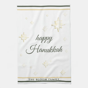 Gold Stars Happy Hanukkah Custom Name Kitchen Towel