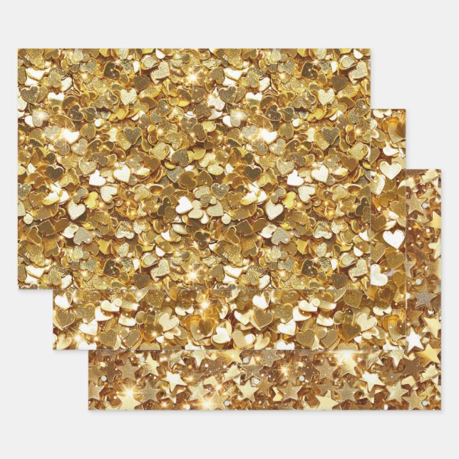 Gold Stars Hearts Confetti Wrapping Paper Sheet (Set)