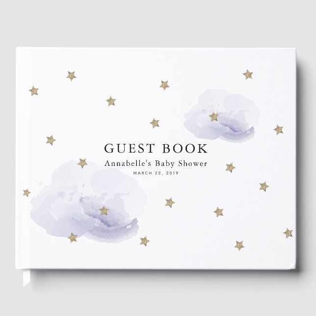 Gold Stars & Lavender Clouds Baby Shower Guest Book (Front)