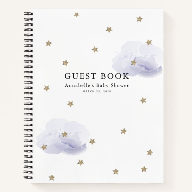 Gold Stars Lavender Clouds Baby shower Livre d'inv (Devant)