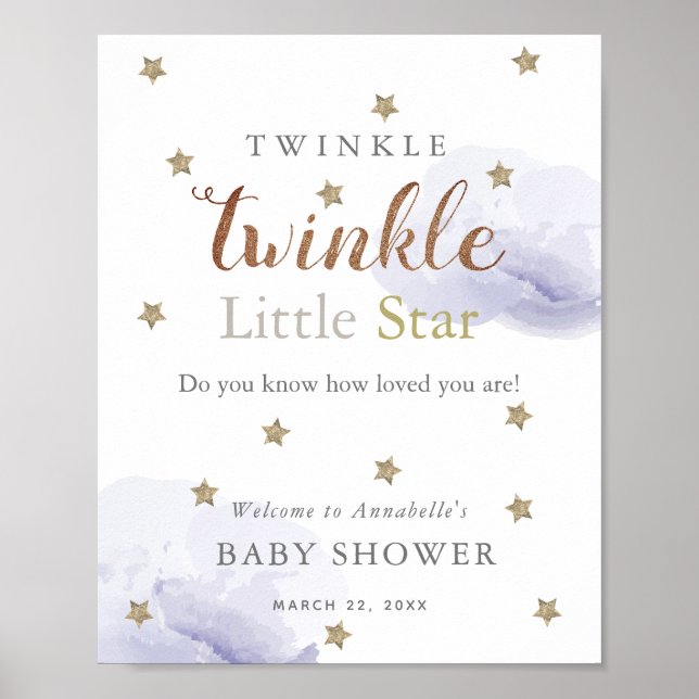 Gold Stars & Lavender Clouds Baby Shower Welcome  Poster (Front)