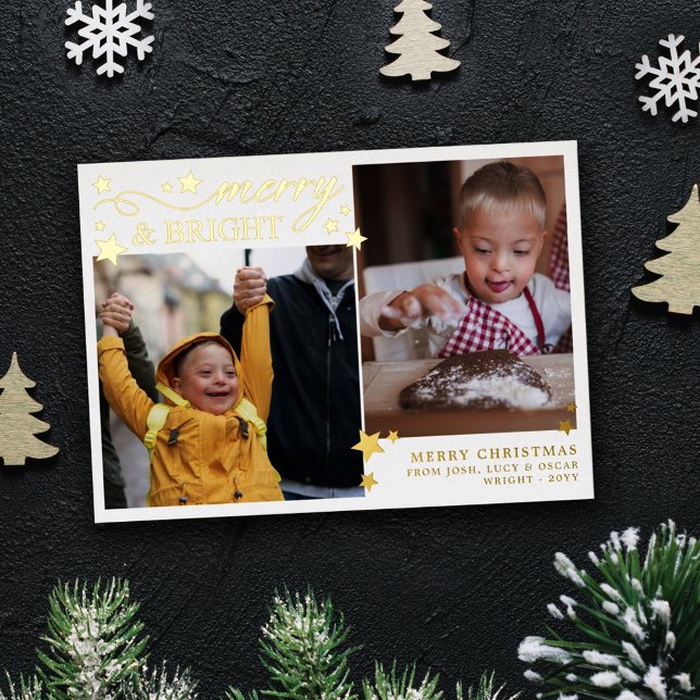 Gold Stars Merry & Bright 2 Photos Foil Holiday Card (Creator Uploaded)