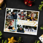 Gold Stars Merry & Bright 7 Photos Foil Holiday Card<br><div class="desc">Merry & Bright Christmas photo card with seven photos, golden stars, and gold foil text. White and gold photo Christmas card with merry & bright printed in gold foil along with lots of golden stars in different sizes. Merry and bright photo card personalized with your last name, the year, and...</div>
