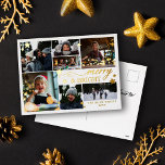 Gold Stars Merry & Bright 7 Photos Foil Holiday Postcard<br><div class="desc">Merry & Bright Christmas photo postcard with seven photos, golden stars, and gold foil text. White and gold photo Christmas postcard with merry & bright printed in gold foil along with lots of golden stars in different sizes. Merry and bright photo postcard personalized with your last name, the year, and...</div>