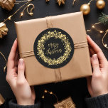 Gold Stars Merry Christmas Classic Round Sticker<br><div class="desc">Twinkling gold stars,  circles and dots surround the words "Merry Christmas" on black round stickers are perfect for your holiday gift giving and more. MATCHING items in our store.</div>