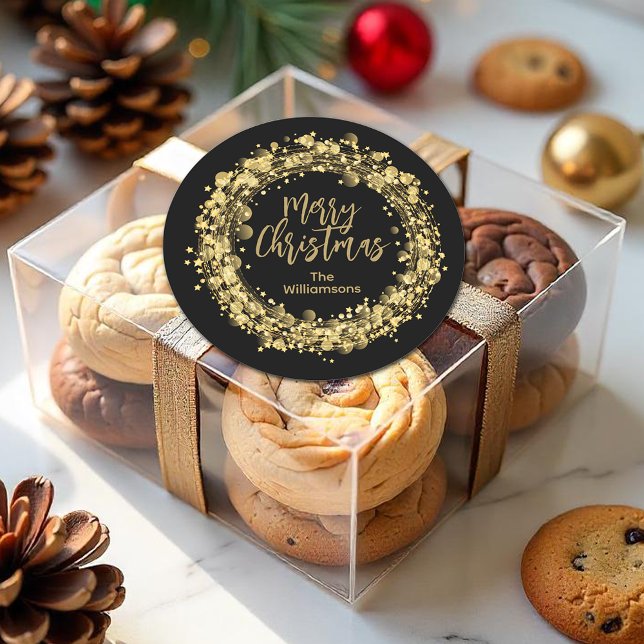 Gold Stars Merry Christmas Classic Round Sticker (Gold Star Wreath Merry Christmas 3" Round Stickers personalized with your names)