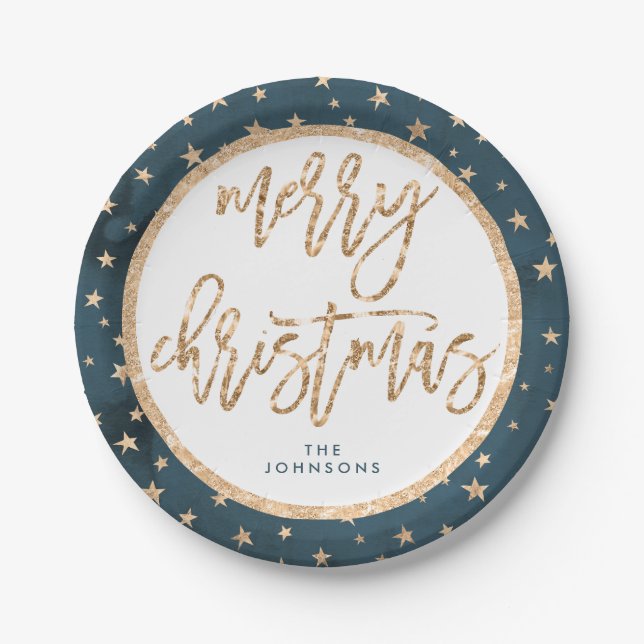 Gold Stars Merry Christmas Paper Plates Midnight (Front)