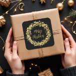 Gold Stars Merry Christmas Square Sticker<br><div class="desc">Twinkling gold stars,  circles and dots surround the words "Merry Christmas" on black square stickers are perfect for your holiday gift giving and more. MATCHING items in our store.</div>