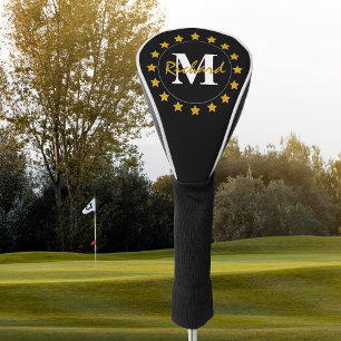 Gold Stars Monogram on Black Golf Head Cover