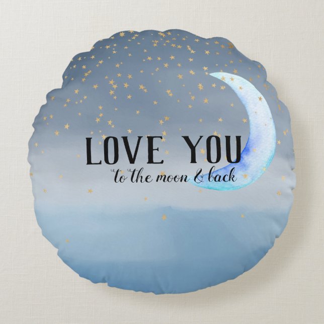 Gold Stars Moon Blue Ombre Round Pillow (Front)