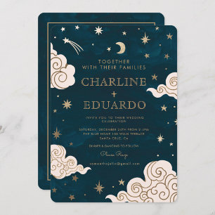 Gold Stars Moon Indigo Celestial Qr Code Wedding Invitation