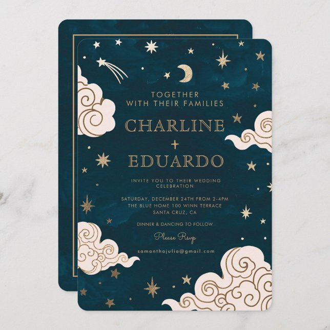 Gold Stars Moon Indigo Celestial Qr Code Wedding Invitation (Creator Uploaded)