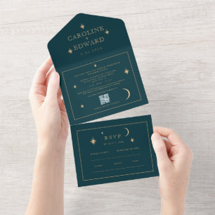 Gold Stars Moon Navy Celestial All in One Wedding  All In One Invitation