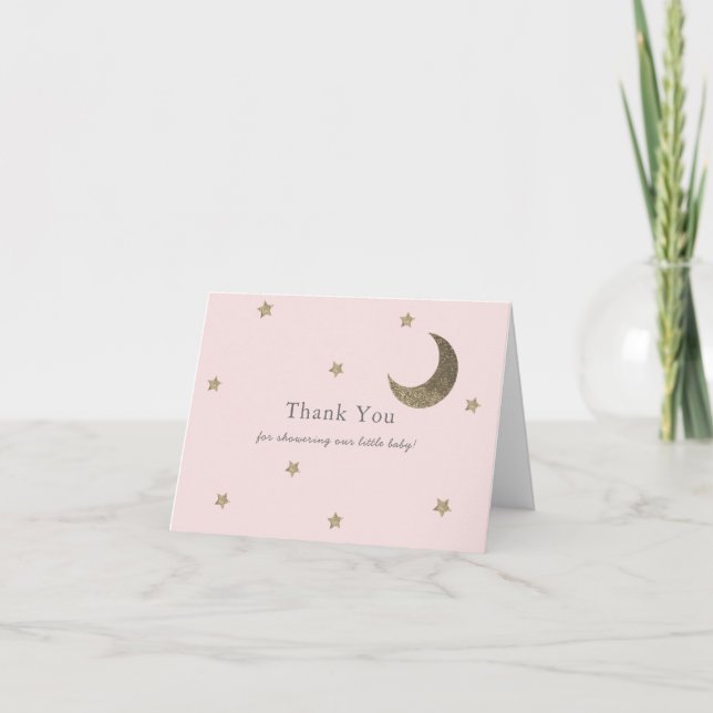 Gold Stars & Moon Pink Baby Shower Thank You Card (Front)