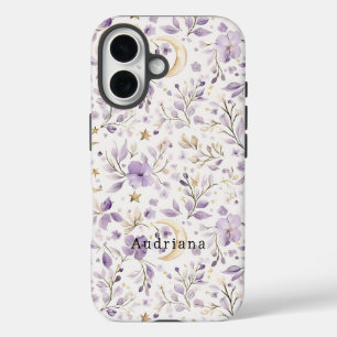 Gold Stars Moon Purple Flowers iPhone 16 Case