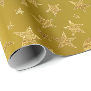 Gold Stars Moon Sky Metallic Mustard Yellow Wrapping Paper