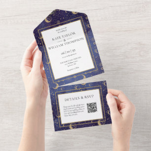 Gold Stars Moon Stars Celestial QR Code Wedding All In One Invitation