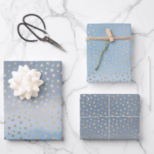 Gold Stars Moons Blue Ombre Wrapping Paper Sheet
