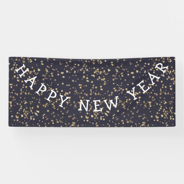 Gold Stars Navy Blue Happy New Year Banner (Horizontal)