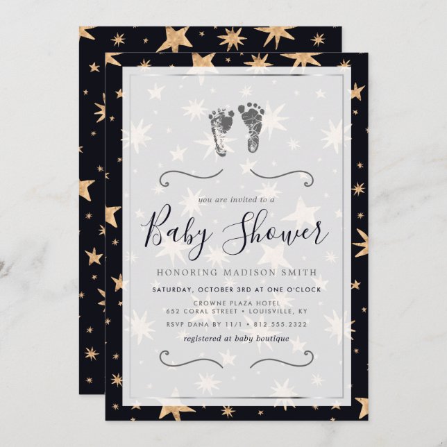 Gold Stars Navy Blue Trendy Starry Baby Shower Invitation (Front/Back)