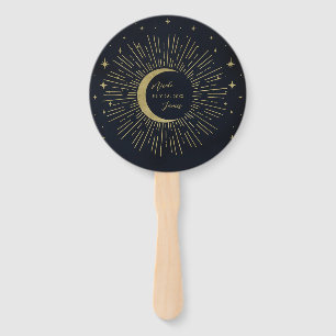 Gold Stars Night Celestial Sunburst Moon Hand Fan