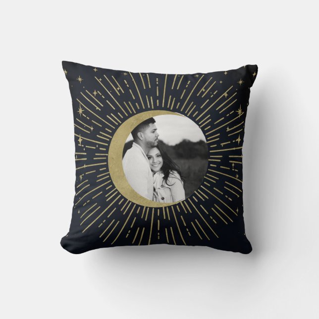 Gold Stars Night Celestial Sunburst Moon Photo Throw Pillow (Front)