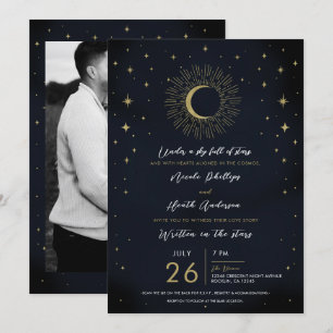 Gold Stars Night Celestial Sunburst Moon Wedding Invitation