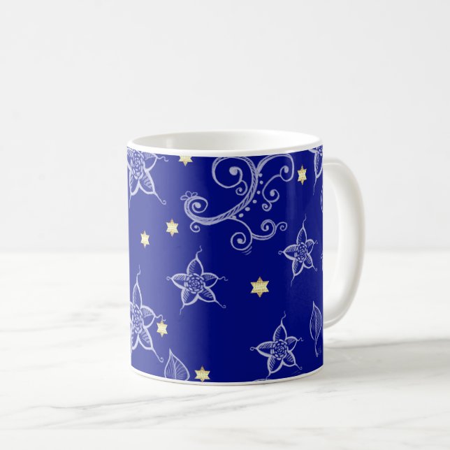 Gold Stars of David Floral Pattern Hanukkah Gift Coffee Mug (Front Right)