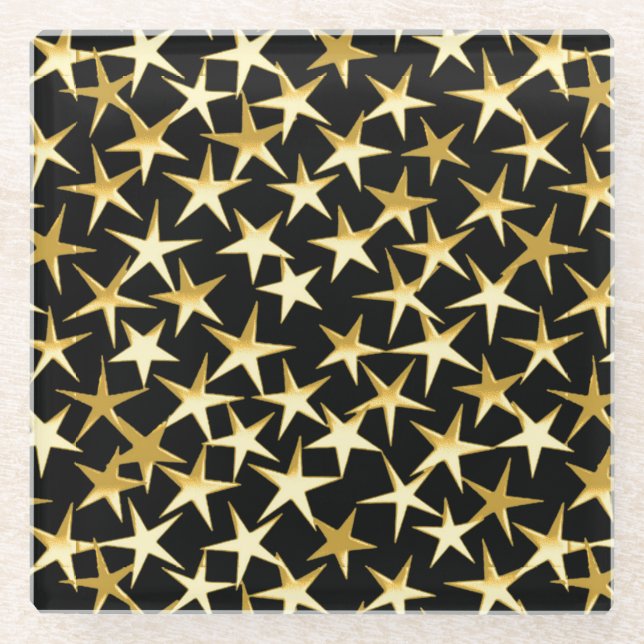 Gold stars on a black background glass coaster (Front)