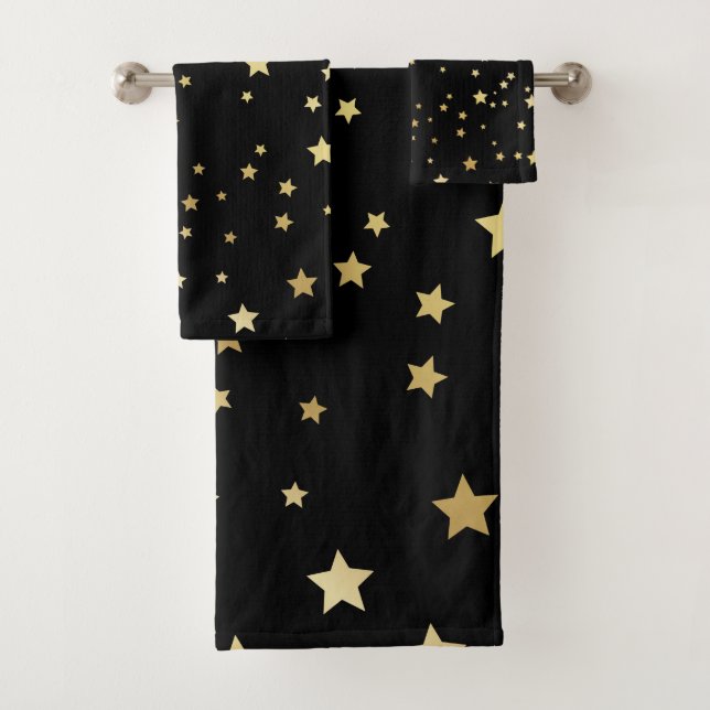 Gold Stars on Black Background Bath Towel Set (Insitu)