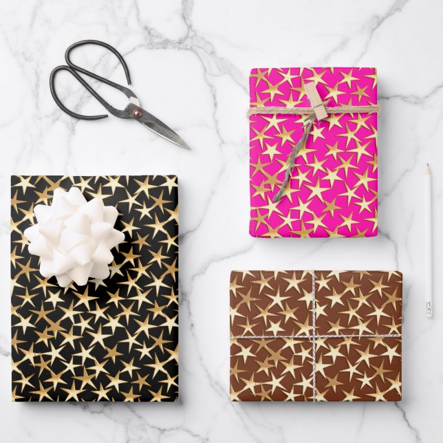 Gold Stars on Black, Hot Pink & Chocolate Brown Wrapping Paper Sheet (Front)