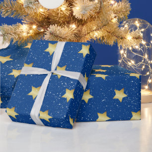 Gold Stars On Blue With Snowflakes Wrapping Paper