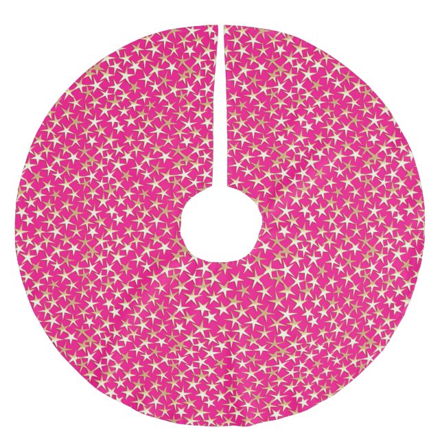 Gold stars on fuchsia pink brushed polyester tree skirt (Front)