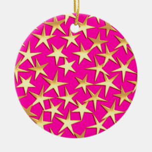 Gold stars on fuchsia pink ceramic ornament