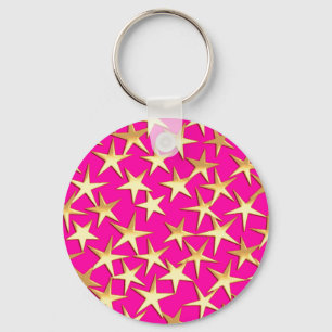 Gold stars on fuchsia pink keychain