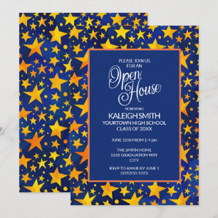 Gold Stars on Navy Blue Open House Grad Party Invitation