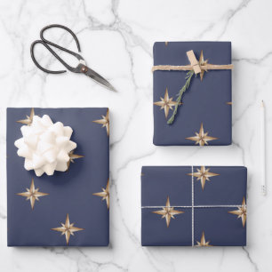 Gold Stars On Navy Blue Wrapping Paper Sheet