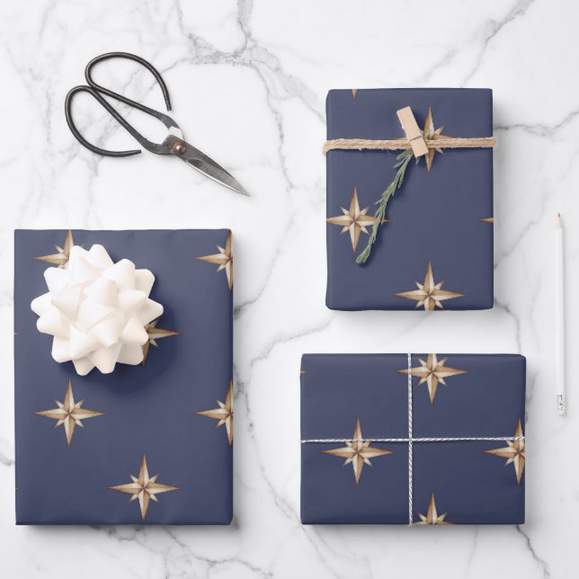 Gold Stars On Navy Blue Wrapping Paper Sheet (Front)
