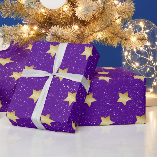 Gold Stars On Purple With Snowflakes  Wrapping Paper (Holidays)