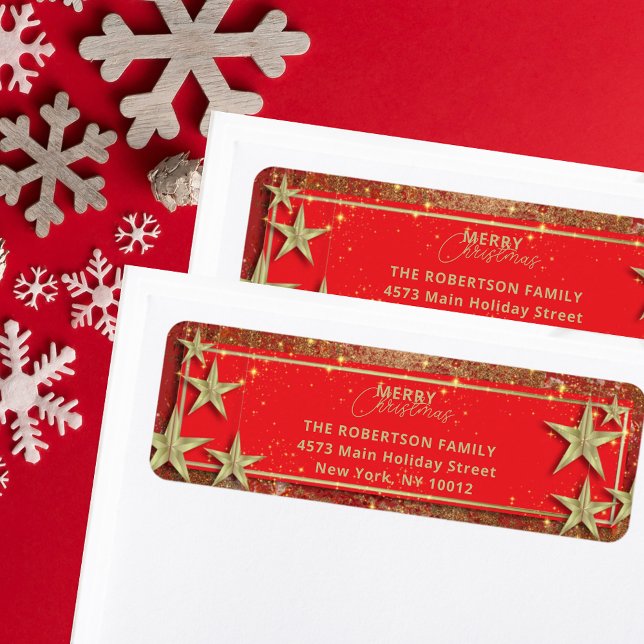 Gold Stars on Sparkling Red Return Address Label (Creator Uploaded)