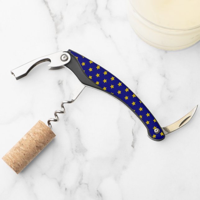 Gold Stars Pattern, Navy Blue, Exclusive Corkscrew (Front)